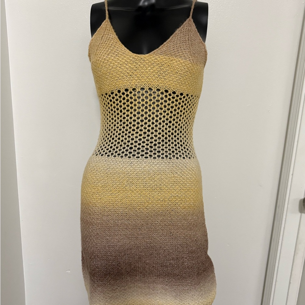 Beige to Yellow Ombre Crochet Swim Coverup Dress NWOT Medium